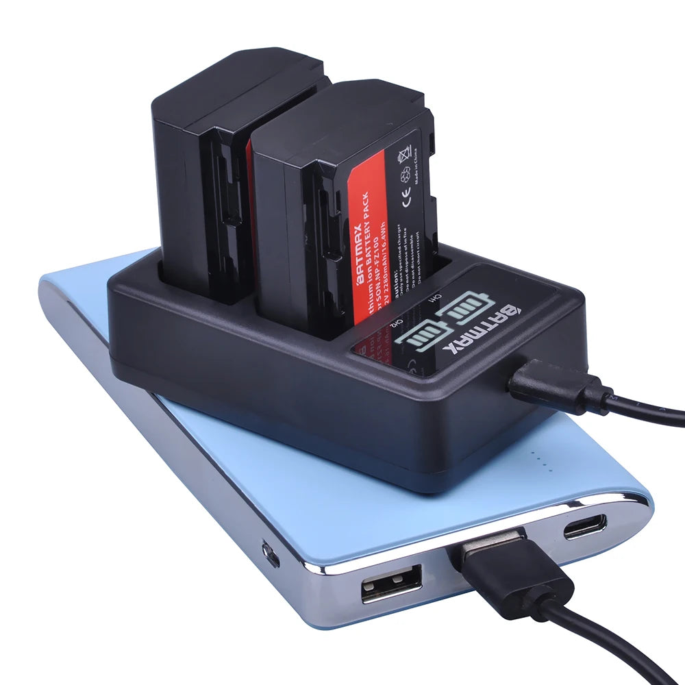 Batterie Batmax 2280mAh NP-FZ100 FZ100 + double chargeur LED USB pour Sony ZV-E1, Alpha A7III, A7R III, A9, A6600, a7 IV, a7R IV, A6700, A7M4...