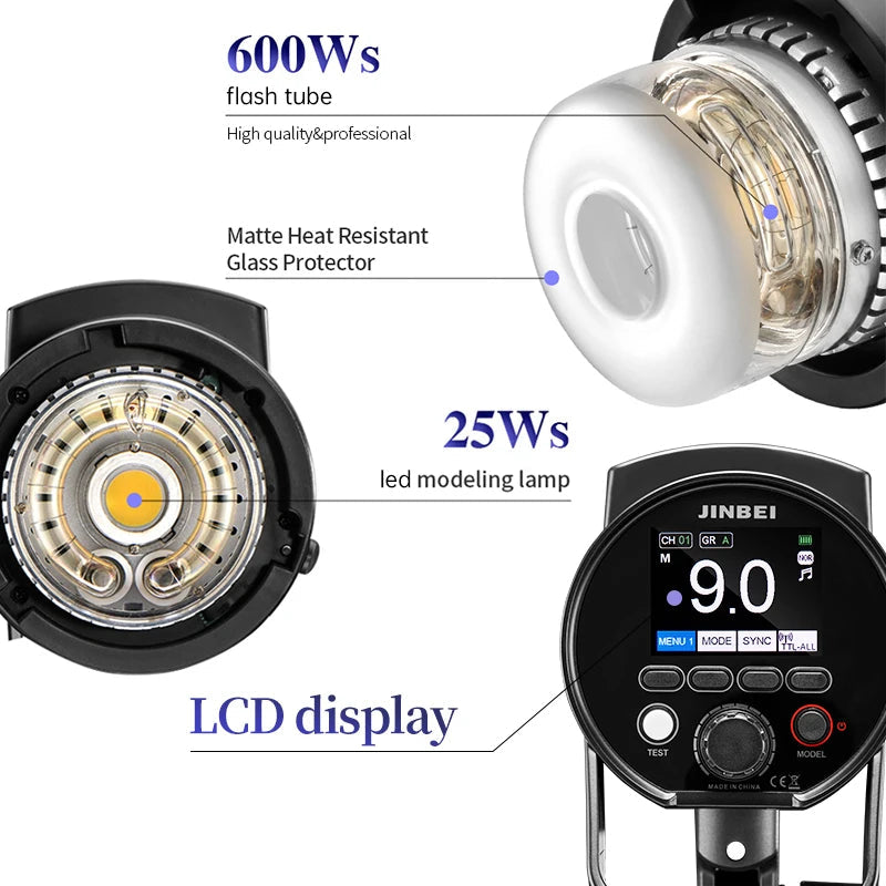Flash stroboscopique JINBEI HD610pro extérieur sans fil avec batterie 600W 6000mAh Monolight TTL HSS 1/8000S avec déclencheur TR-Q7II en option