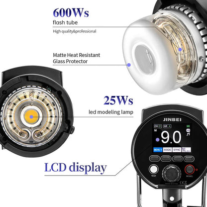 Flash stroboscopique JINBEI HD610pro extérieur sans fil avec batterie 600W 6000mAh Monolight TTL HSS 1/8000S avec déclencheur TR-Q7II en option