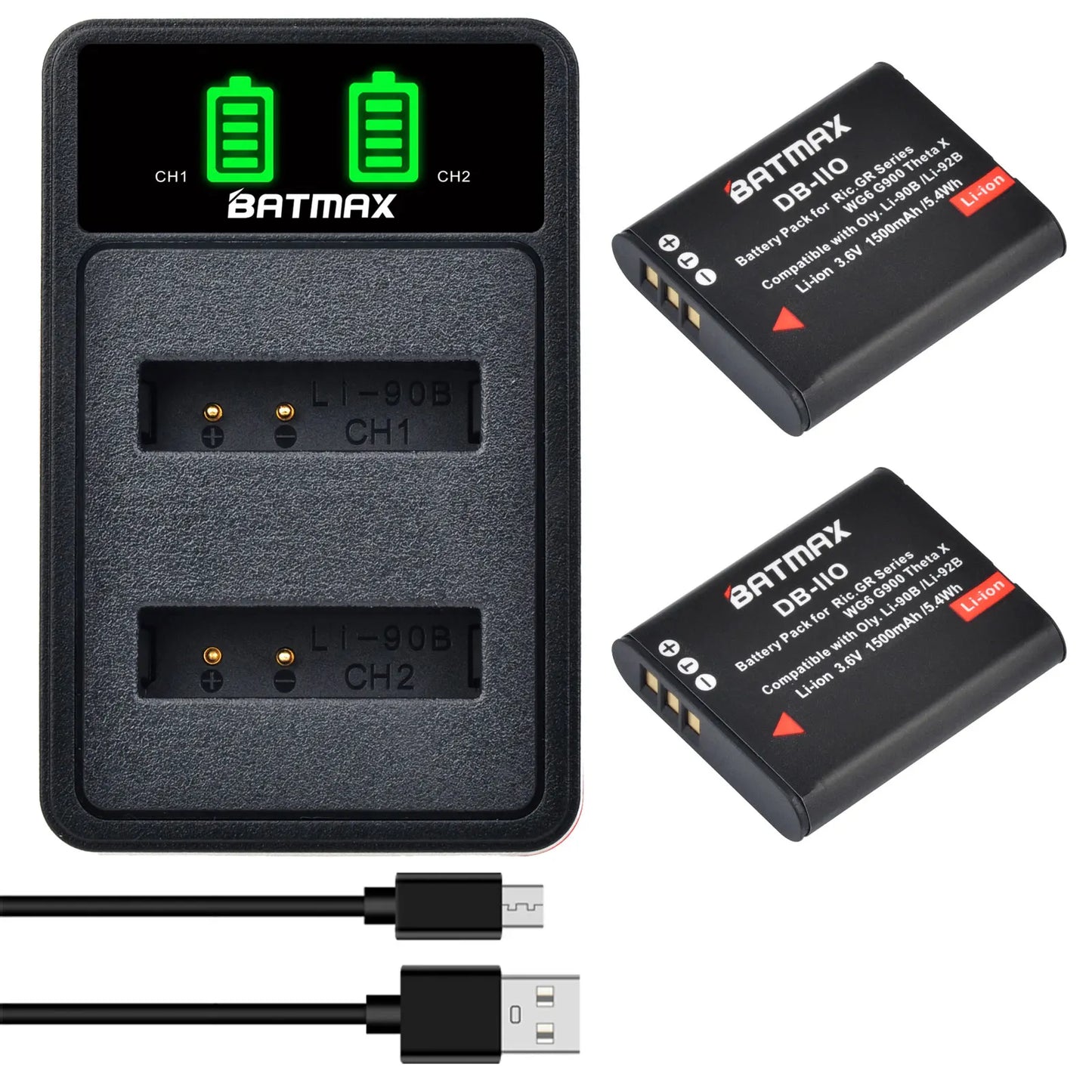 Batterie Batmax DB-110 1500mAh + chargeur double pour appareils photo Ricoh DB-110 GR série Ricoh GR III, GR IIIx, Theta X, WG-6, G900