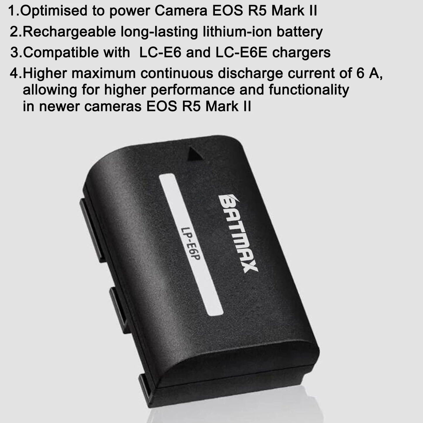 Batteries Batmax LP-E6P LPE6P 2850mAh pour Canon R5 mark II, R5, R6, R6 mark II, R7, R...