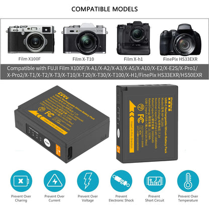 Batterie Probty NP-W126 NP-W126s charge usb-c pour Fuji X100VI X-T30 II X-S10 X-T200 X100F X100V X-A5 X-T50 X-Pro3 X-T3