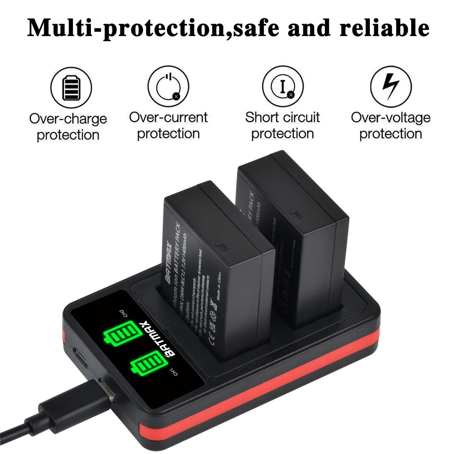 Batterie Batmax 1400mAh DMW-BLC12 BLC12 + Chargeur pour Panasonic Lumix DMC-G7, DMC-G85, DMC-G95, DMC-FZ1000, DC-FZ1000 II
