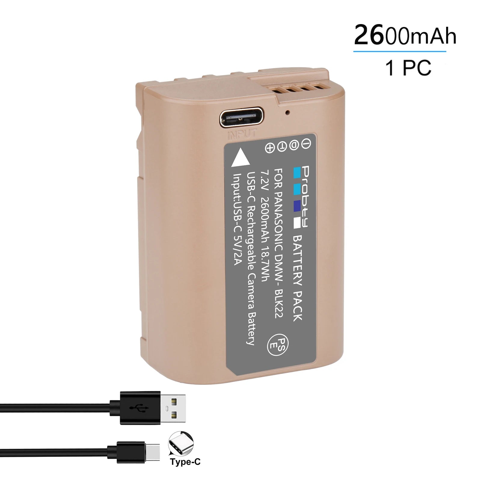Batterie Probty DMW-BLK22 DMW BLK22, 2600mAh, avec charge USB-C, pour appareils photo Panasonic LUMIX DC-S5 DC-S5 II DC-S5 IIX GH5 II GH6 GH5M2