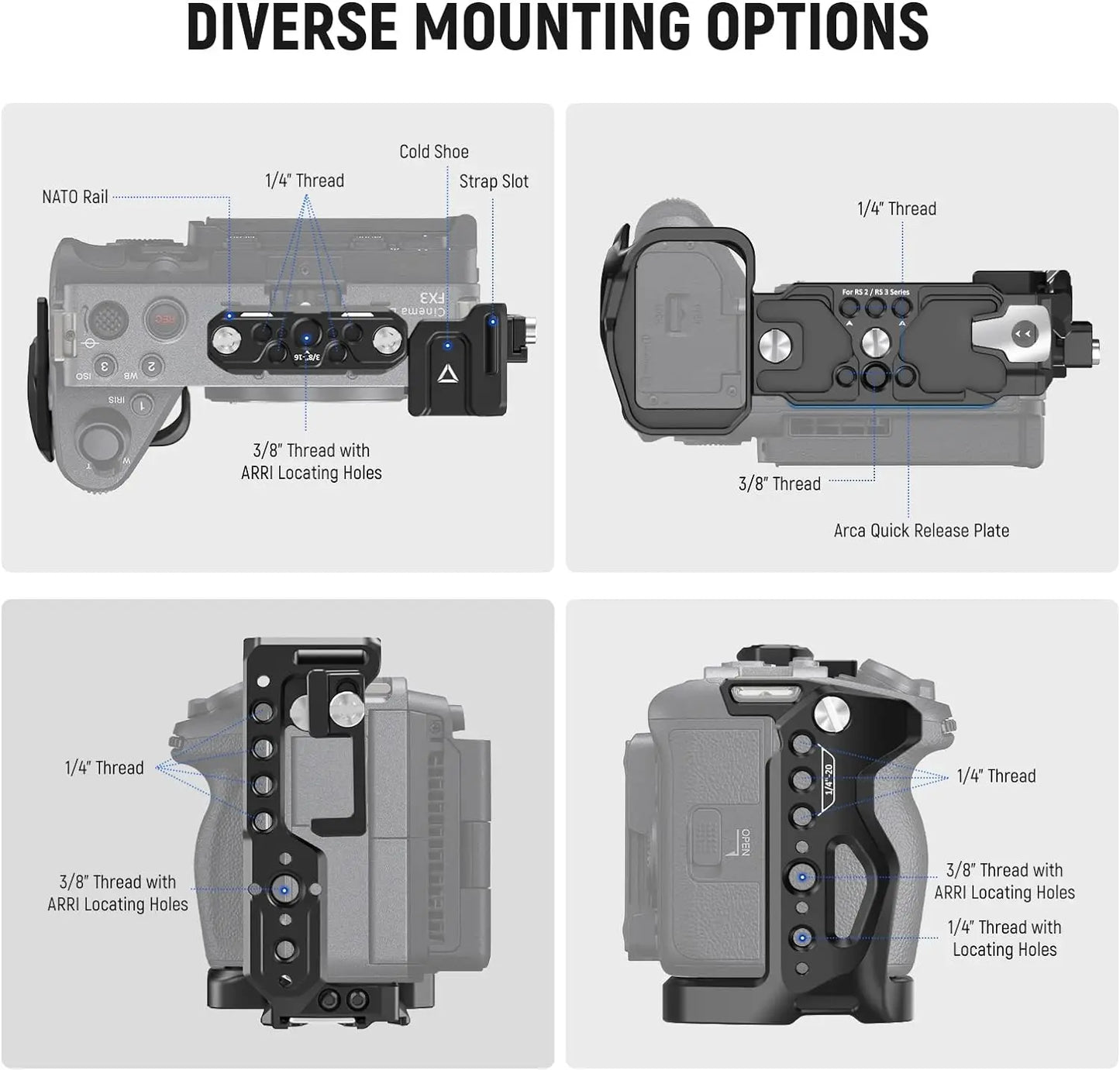 Cage NEEWER pour Sony FX3/FX30 avec serre-câble, Rail NATO, trous de positionnement ARRI 3/8