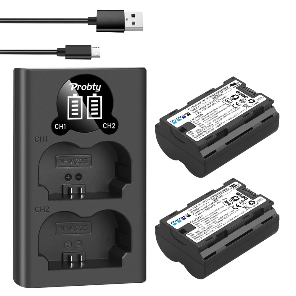 Batterie Probty 2600mAh NP-W235 NP W235 + chargeur double pour Fujifilm X-T5 X-T4 GFX 100S X-H2S GFX 50S II VG-XT4 Grip