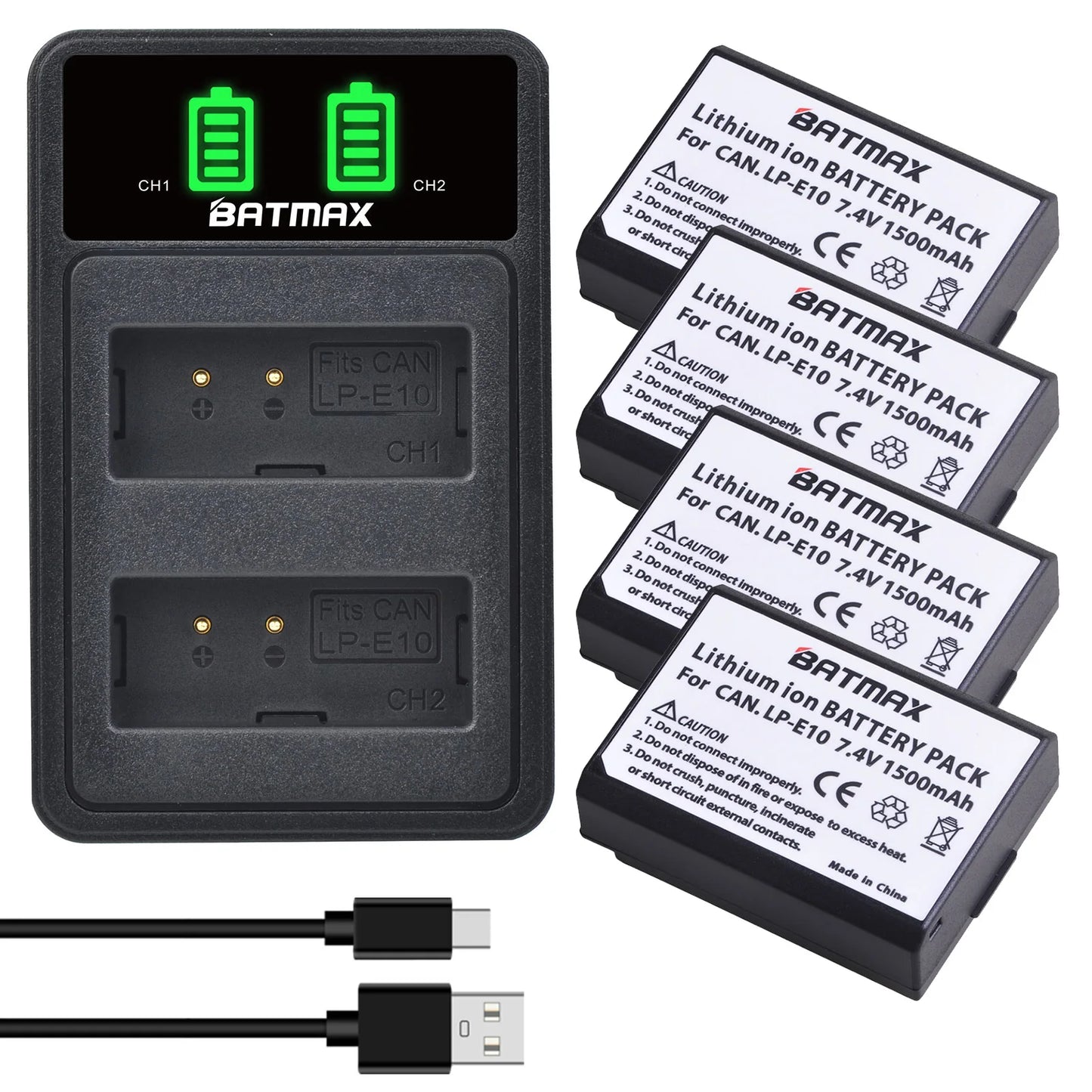 Batterie Batmax 1500mAh LP-E10 LPE10 + chargeur avec Port de Type C pour Canon EOS Rebel T3 T6 T7 T100 Kiss X50 X80 X90 1500D 3000D 4000D