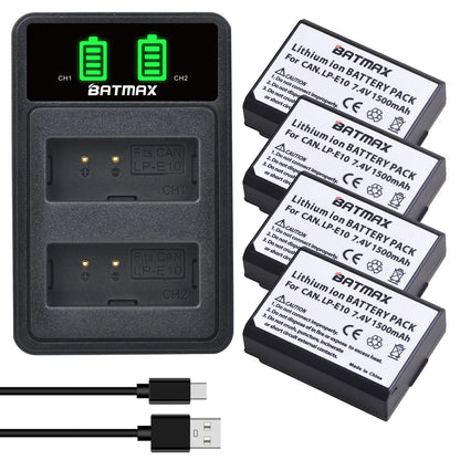 Batterie Batmax 1500mAh LP-E10 LPE10 + chargeur avec Port de Type C pour Canon EOS Rebel T3 T6 T7 T100 Kiss X50 X80 X90 1500D 3000D 4000D