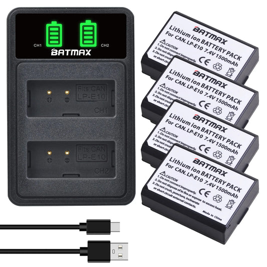 Batterie Batmax 1500mAh LP-E10 LPE10 + chargeur avec Port de Type C pour Canon EOS Rebel T3 T6 T7 T100 Kiss X50 X80 X90 1500D 3000D 4000D