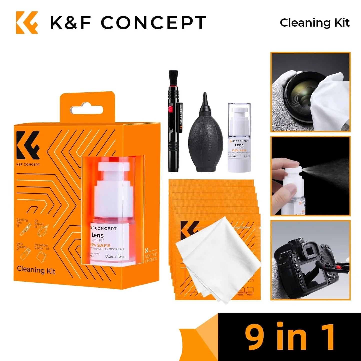 Kit de nettoyage d'objectif d'appareil photo K&F CONCEPT avec souffleur, lingettes, chiffon, liquide de nettoyage et stylo de nettoyage