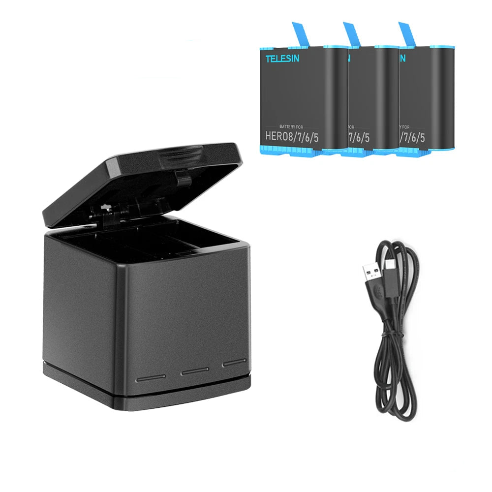 Batterie TELESIN pour GoPro Hero 5, 6, 7, 8, 1220 mAh + Chargeur Rapide à 3 Voies