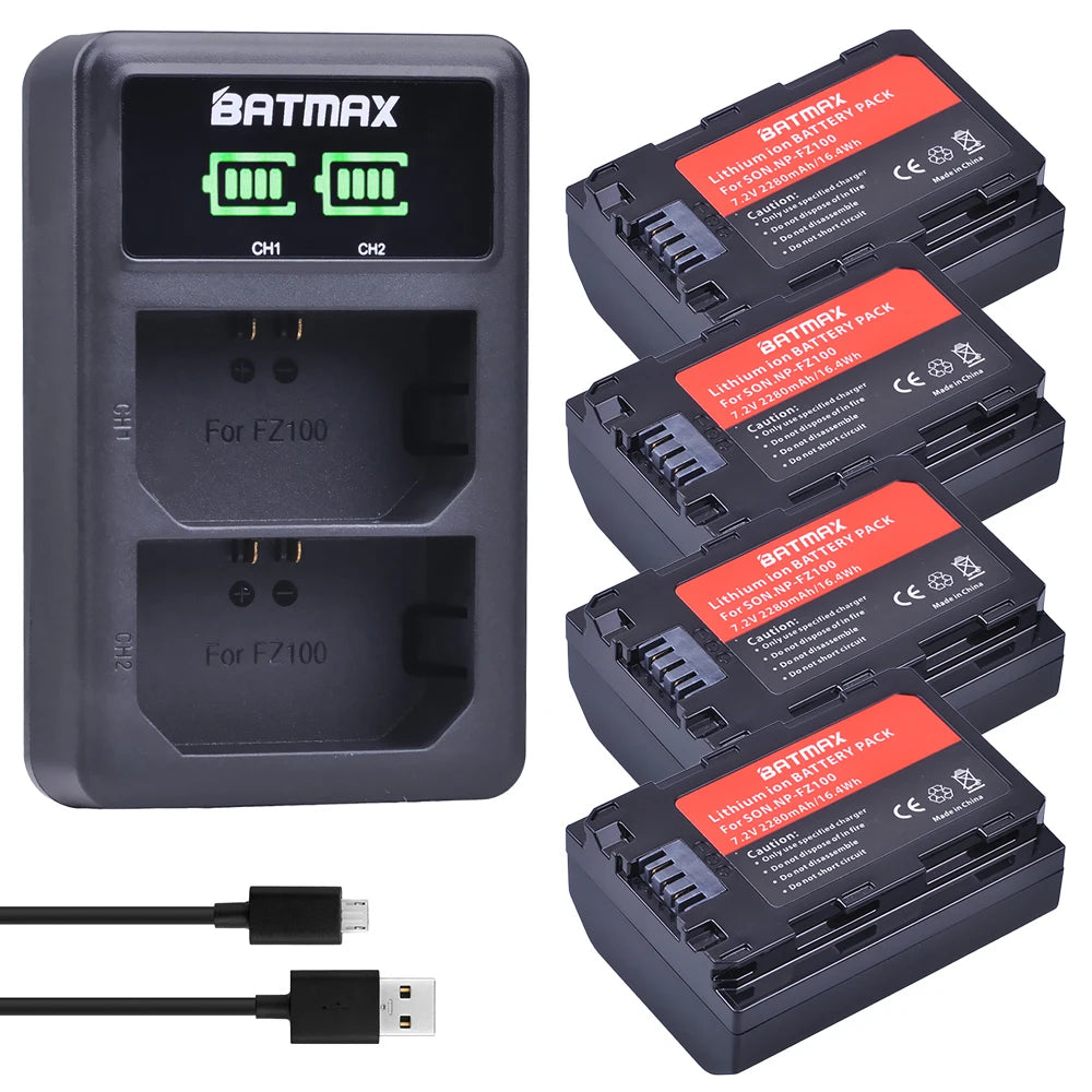 Batterie Batmax 2280mAh NP-FZ100 FZ100 + double chargeur LED USB pour Sony ZV-E1, Alpha A7III, A7R III, A9, A6600, a7 IV, a7R IV, A6700, A7M4...