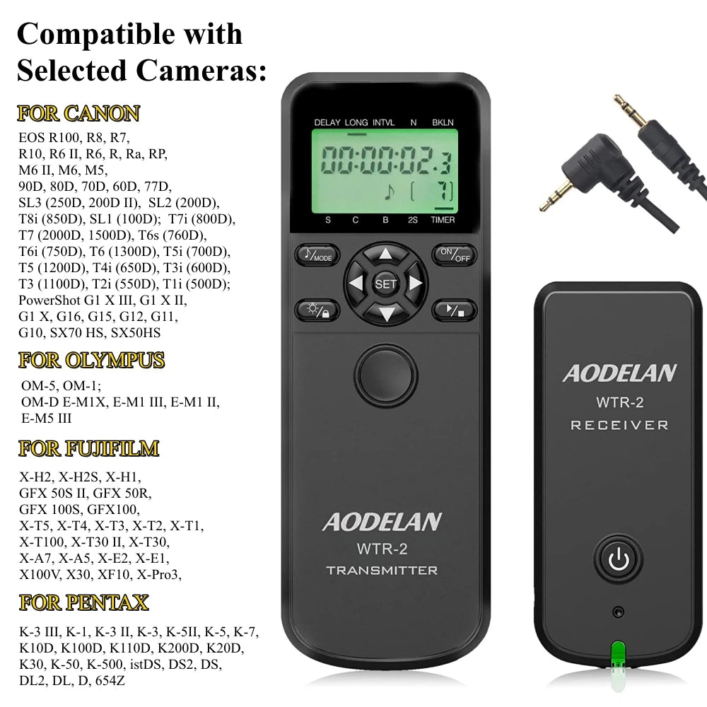 Télécommande intervallomètre AODELAN – minuterie sans fil WTR-2, pour appareil photo Canon, Nikon, Sony, Fujifilm, Panasonic C6, C8, N8, N10, S6, S8, O6, P6
