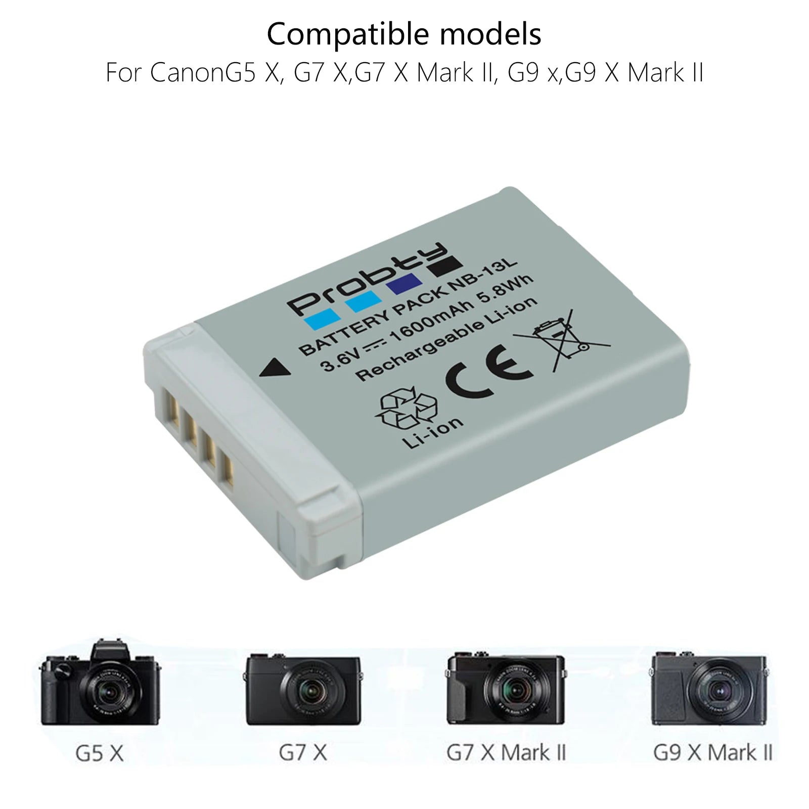 Batterie + chargeur Probty NB-13L NB13L NB-13LH 1600mAh pour Canon PowerShot G5X G7X G9X G7 X Mark II G9 X,SX620 SX720 SX730