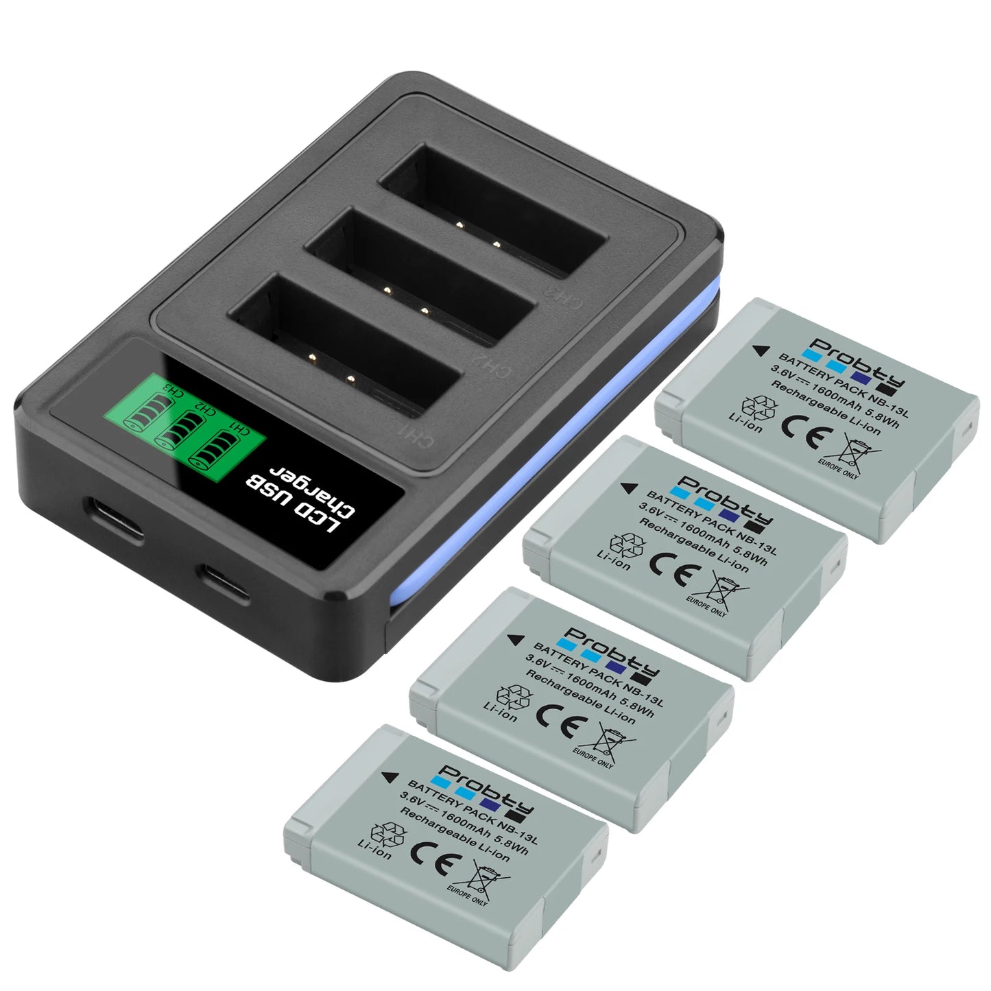 Batterie + chargeur Probty NB-13L NB13L NB-13LH 1600mAh pour Canon PowerShot G5X G7X G9X G7 X Mark II G9 X,SX620 SX720 SX730