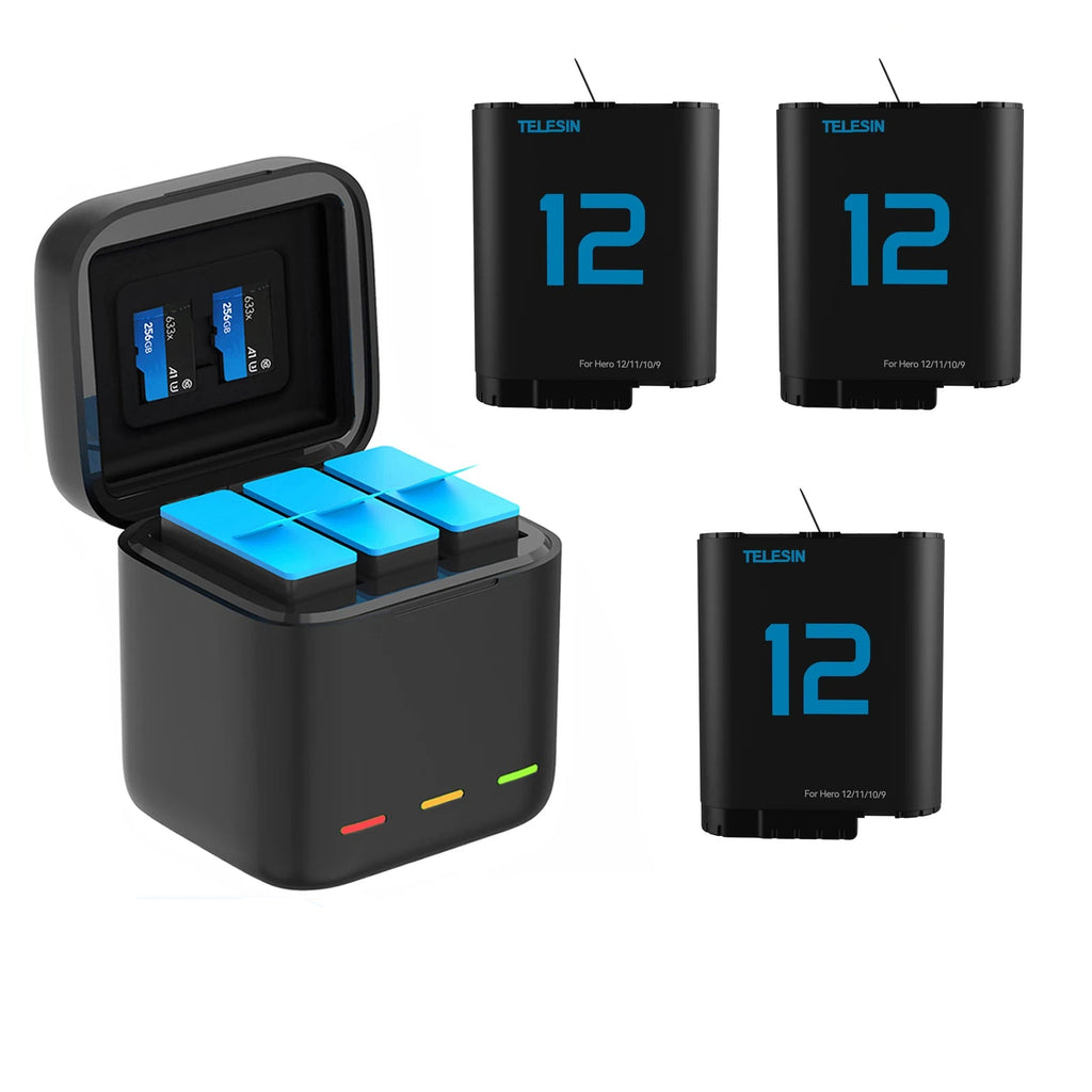 Batterie TELESIN pour GoPro Hero 12, 11, 10, 9, 1750 mAh + Boîtier de Chargeur Rapide à 3 Voies