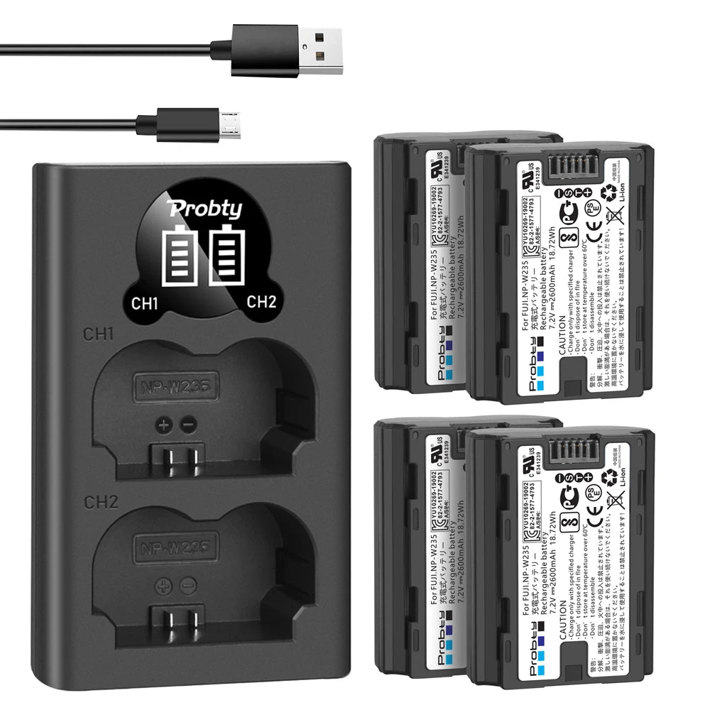 Batterie Probty 2600mAh NP-W235 NP W235 + chargeur double pour Fujifilm X-T5 X-T4 GFX 100S X-H2S GFX 50S II VG-XT4 Grip
