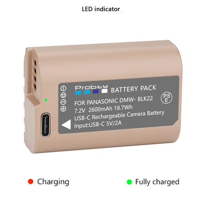 Batterie Probty DMW-BLK22 DMW BLK22, 2600mAh, avec charge USB-C, pour appareils photo Panasonic LUMIX DC-S5 DC-S5 II DC-S5 IIX GH5 II GH6 GH5M2