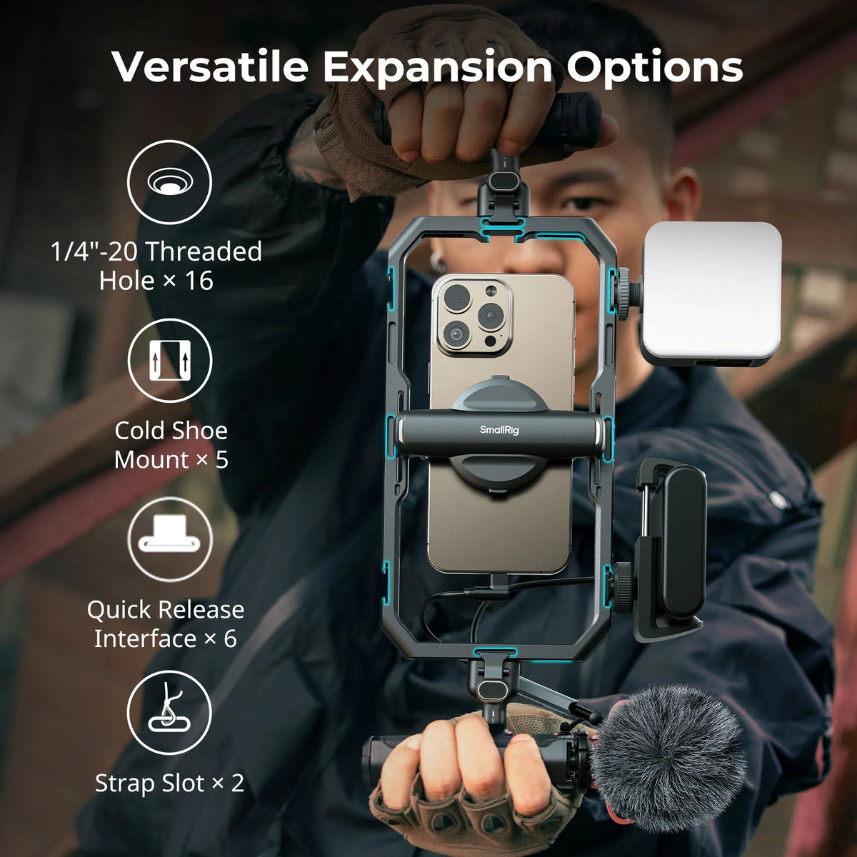 Cage universelle SmallRig 4597 à dégagement rapide pour téléphone Samsung, iPhone smartphone ... , kit vidéo tout-en-un de base avec poignées et clip