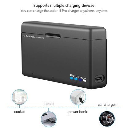 Batterie et chargeur Probty pour DJI Osmo Action 6 Action 5 Pro Action 4/3 Osmo 360 2200mAh