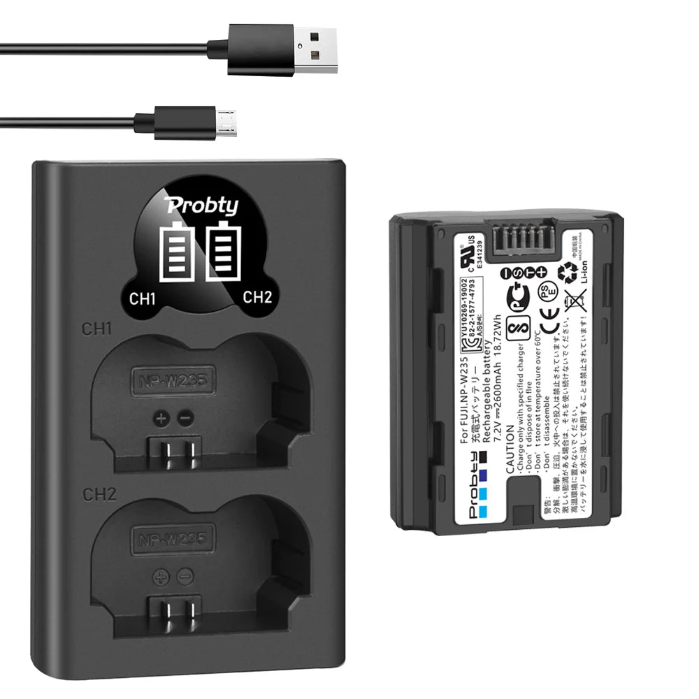 Batterie Probty 2600mAh NP-W235 NP W235 + chargeur double pour Fujifilm X-T5 X-T4 GFX 100S X-H2S GFX 50S II VG-XT4 Grip