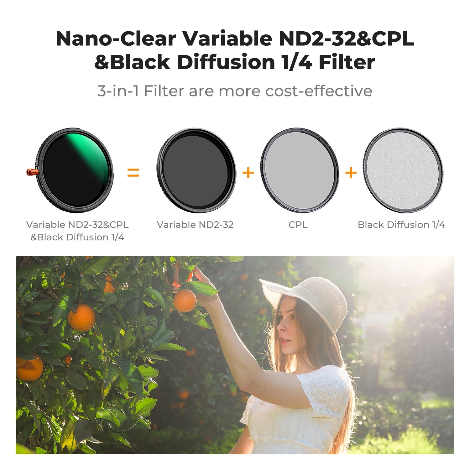 Filtre K & F Concept 3 en 1 ND2-32 + CPL + Diffusion noire 1/4 Variable 37/49/52/58/67/72/77/82mm