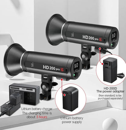 Flash stroboscopique JINBEI HD200pro avec batterie pour l'extérieur 200W TTL 2.4G HSS pour Canon Sony Nikon