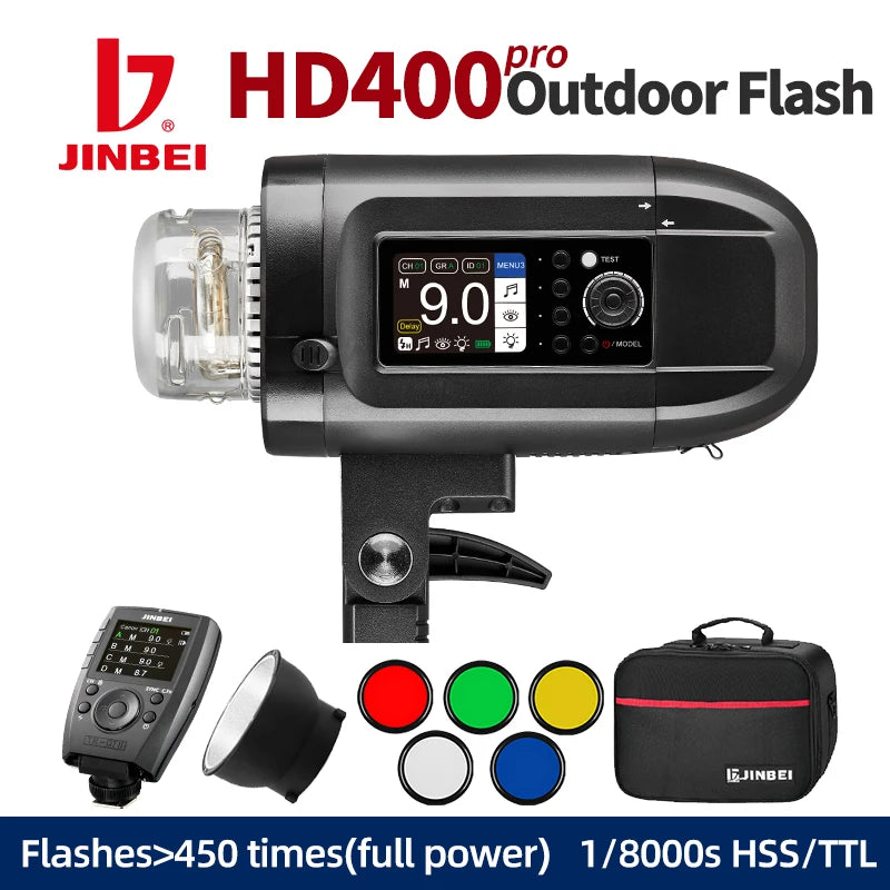 Flash stroboscopique JINBEI HD400pro 400W Flash extérieur TTL HSS 2.4G  sans fil tout-en-un batterie intégrée Monolight Studio