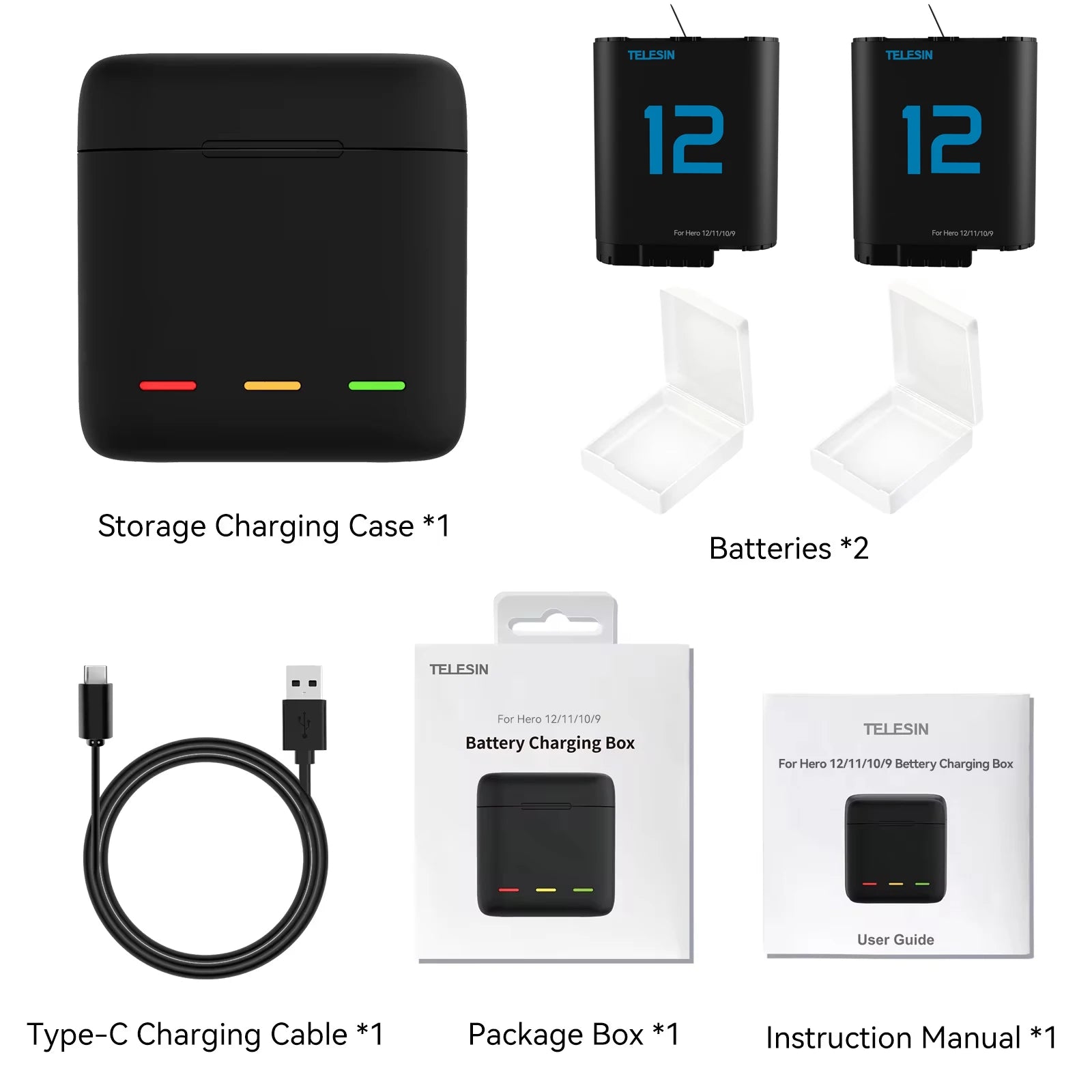 Batterie TELESIN pour GoPro Hero 12, 11, 10, 9, 1750 mAh + Boîtier de Chargeur Rapide à 3 Voies