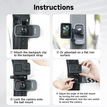 Pince magnétique TELESIN pour sac à dos, rotation à 360 °, support pour Gopro Fore12, 11, 10, 9, 8, 7, 6, Insta360 Bery, GO2, GO3, DJI, OSMO Action 3, 4