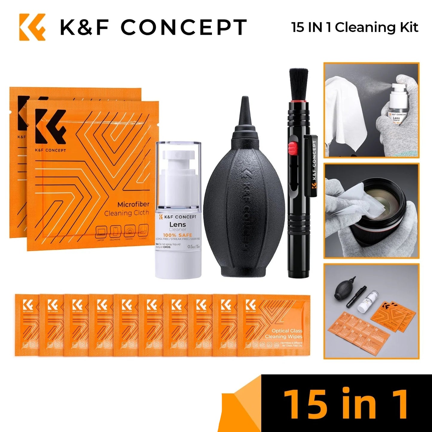 Kit de nettoyage d'objectif d'appareil photo K&F CONCEPT avec souffleur, lingettes, chiffon, liquide de nettoyage et stylo de nettoyage