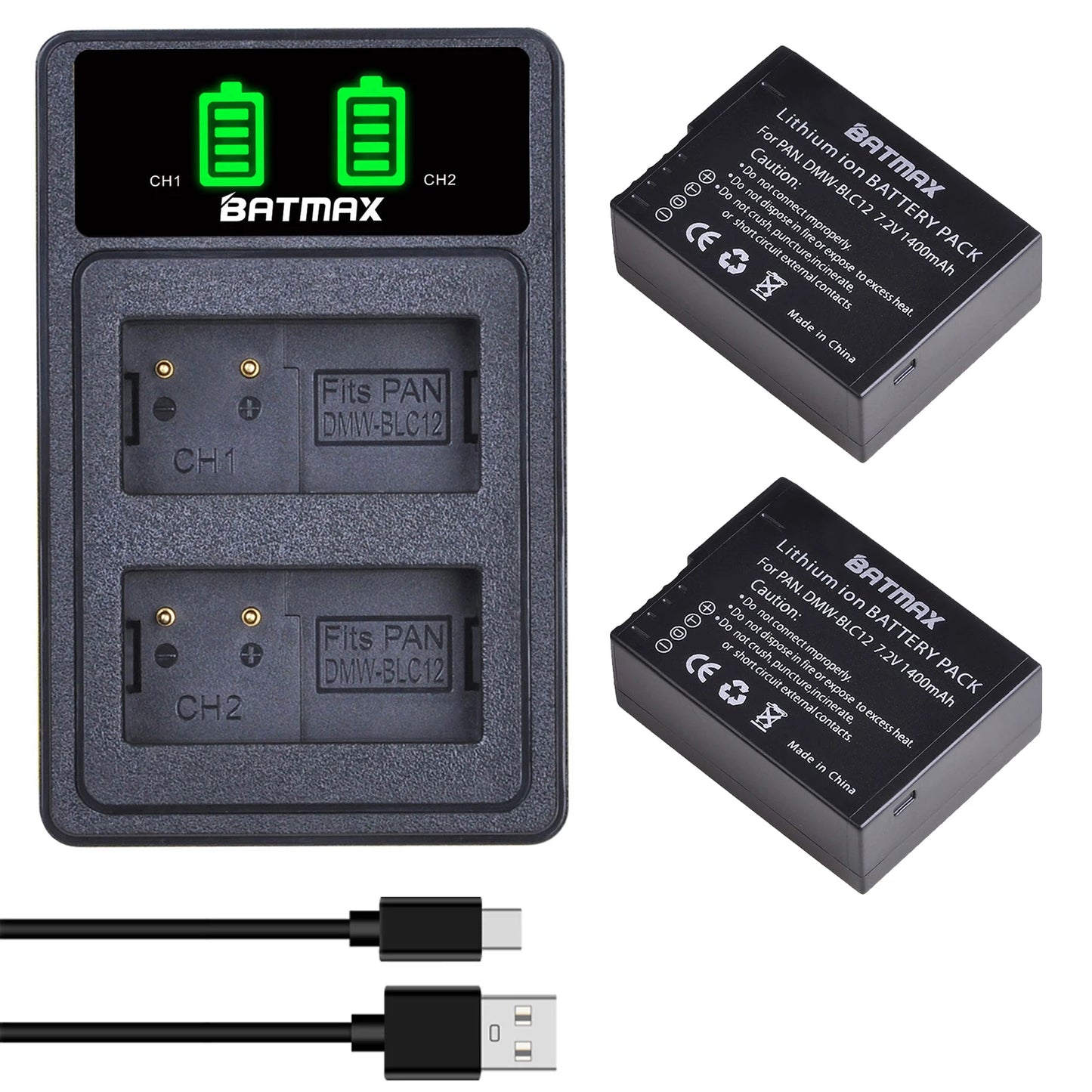 Batterie Batmax 1400mAh DMW-BLC12 BLC12 + Chargeur pour Panasonic Lumix DMC-G7, DMC-G85, DMC-G95, DMC-FZ1000, DC-FZ1000 II