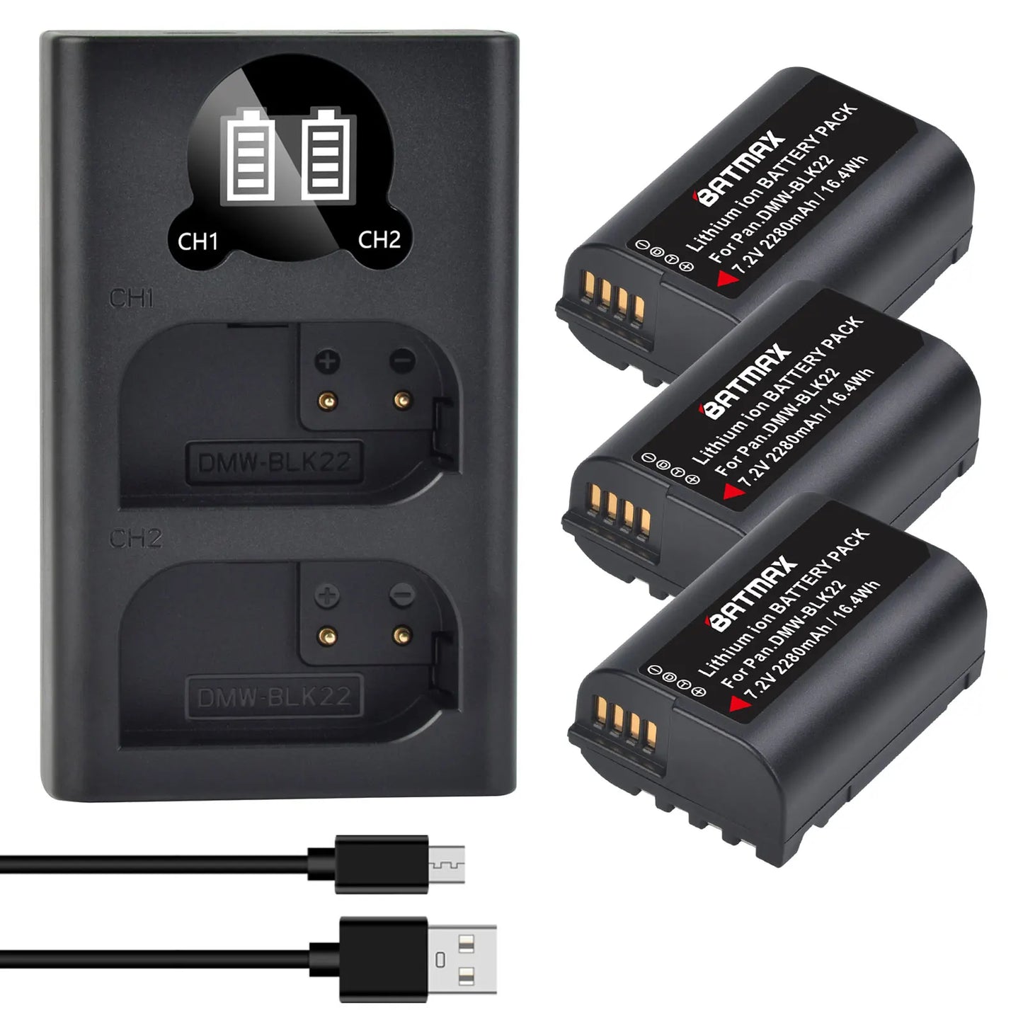 Batterie Batmax DMW-BLK22 BLK22 2280mAh + chargeur double pour Panasonic LUMIX DC-S5, DC-S5K, GH5 II, GH6, S5M2, S5M2X, GH5M2