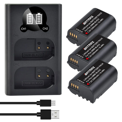 Batterie Batmax DMW-BLK22 BLK22 2280mAh + chargeur double pour Panasonic LUMIX DC-S5, DC-S5K, GH5 II, GH6, S5M2, S5M2X, GH5M2