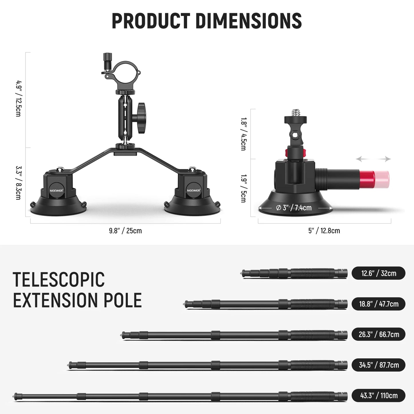 Kit de montage de voiture à Triple ventouse Neewer , support de caméra à bras magique pour pare-brise extérieur à dégagement rapide avec adaptateur de caméra d'action GoPro