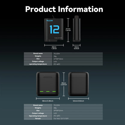 Batterie TELESIN pour GoPro Hero 12, 11, 10, 9, 1750 mAh + Chargeur Rapide à 3 Voies