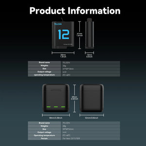 Batterie TELESIN pour GoPro Hero 12, 11, 10, 9, 1750 mAh + Boîtier de Chargeur Rapide à 3 Voies