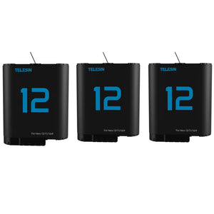 Batterie TELESIN pour GoPro Hero 12, 11, 10, 9, 1750 mAh + Boîtier de Chargeur Rapide à 3 Voies