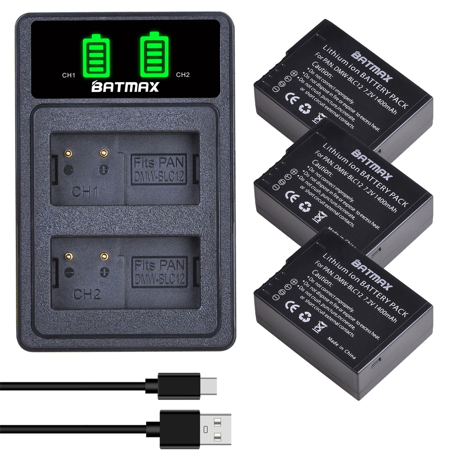 Batterie Batmax 1400mAh DMW-BLC12 BLC12 + Chargeur pour Panasonic Lumix DMC-G7, DMC-G85, DMC-G95, DMC-FZ1000, DC-FZ1000 II