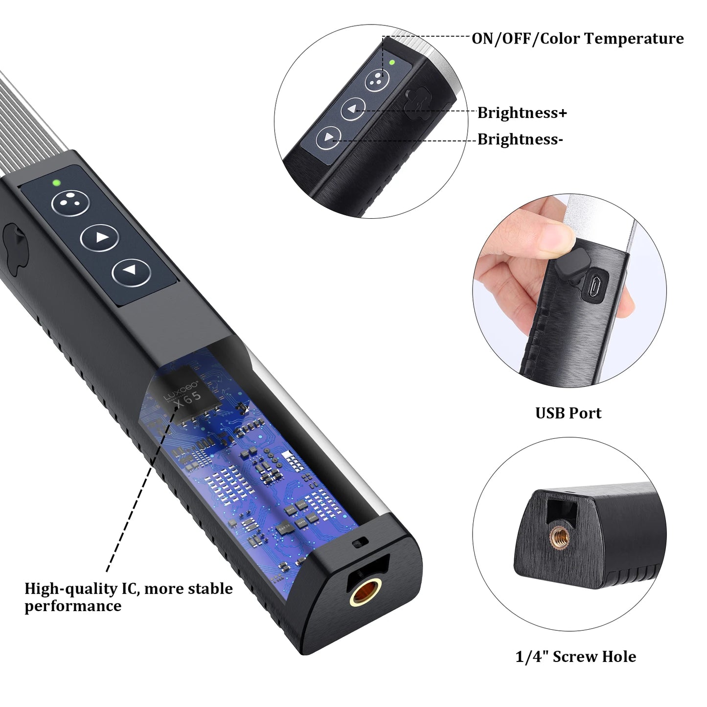 Eclairage LED portable LUXCEO Q508A Lampe vidéo RVB pour photographie, baguette d'éclairage 1000 lumens CRI 95+ 3000 K-6000 K, lampe télécommandé, 36 couleurs sabre laser portatif