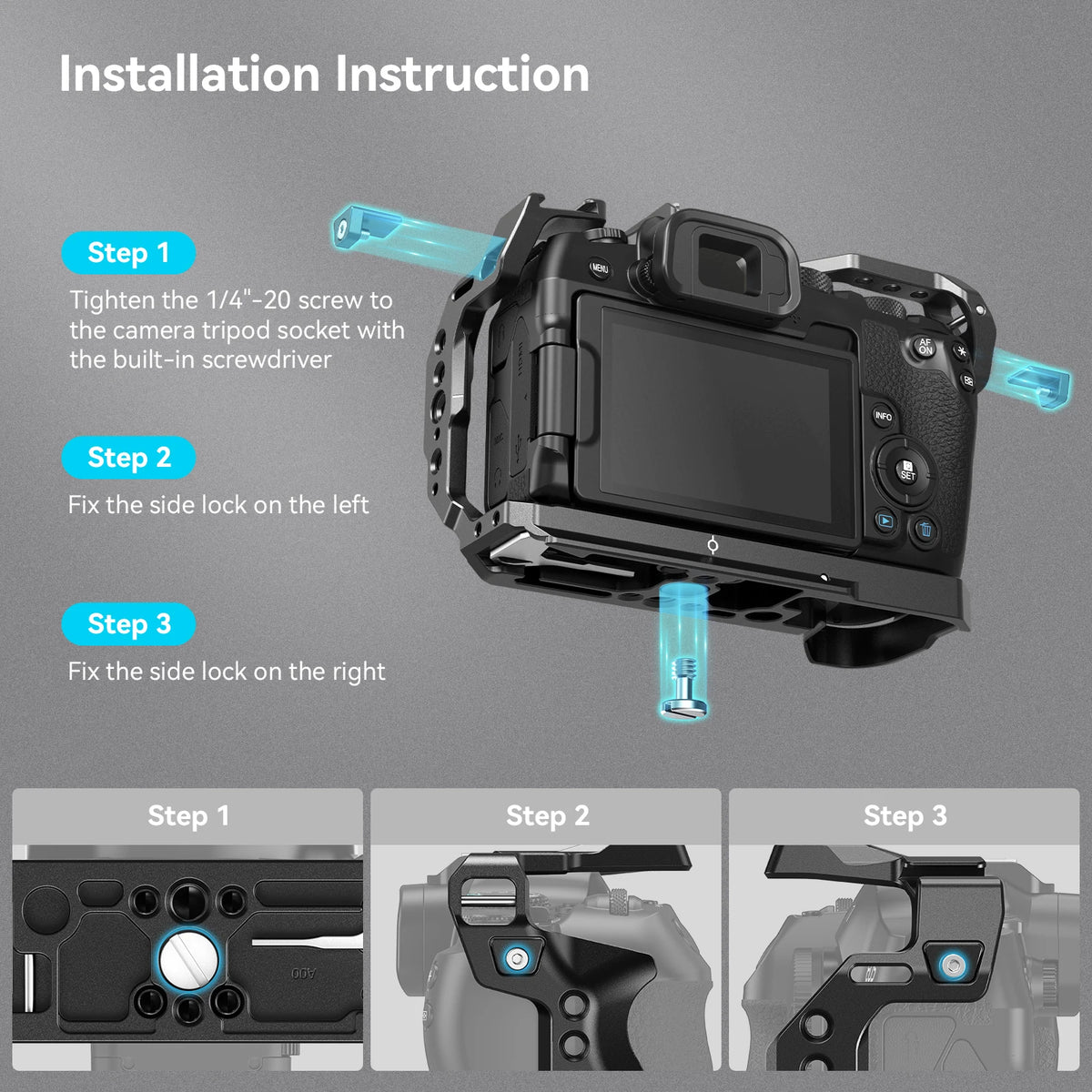 Cage SmallRig 4212 pour Canon EOS R8 avec plaque à dégagement rapide Arca Swiss pour trépied à cardan DJI avec trous filetés 1/4 "-20-
