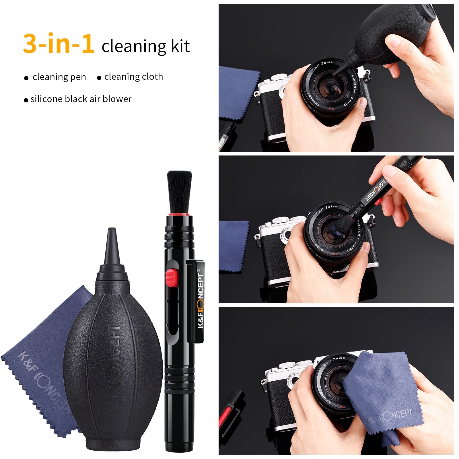 Kit de nettoyage 3 en 1 K & F CONCEPT souffleur d'objectif + stylo de nettoyage + chiffon de nettoyage haute qualité