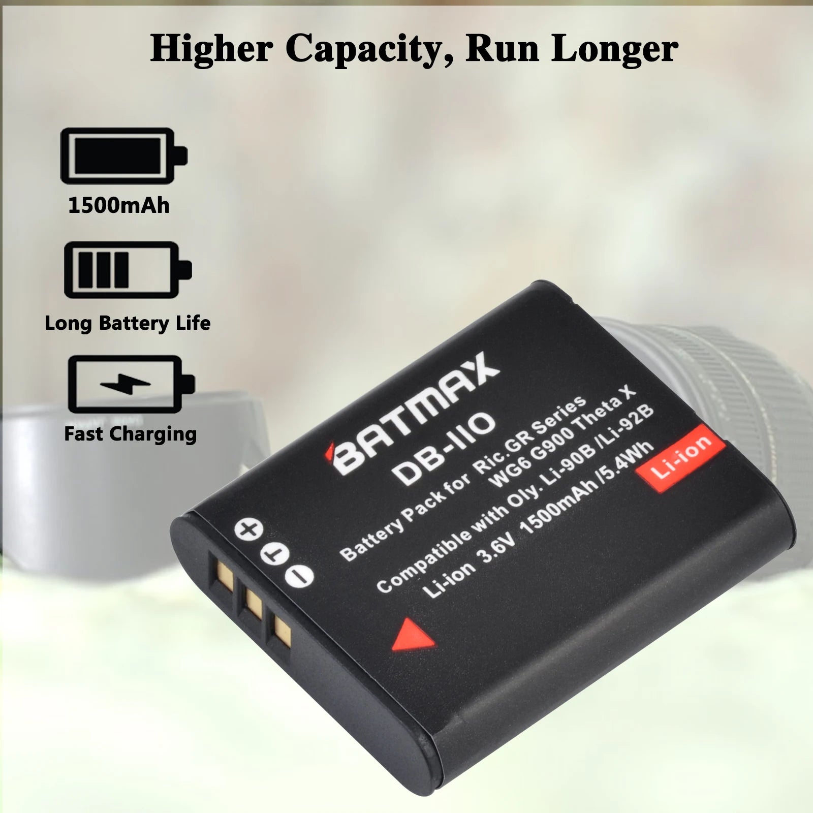 Batterie Batmax DB-110 1500mAh + chargeur double pour appareils photo Ricoh DB-110 GR série Ricoh GR III, GR IIIx, Theta X, WG-6, G900