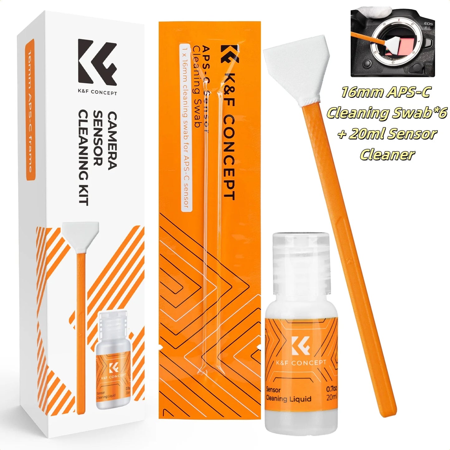 Kit de nettoyage K&F CONCEPT – tampon écouvillon de nettoyage pour capteur plein format 24mm/16mm APS-C *6 et kit de nettoyage liquide pour capteur 20ml