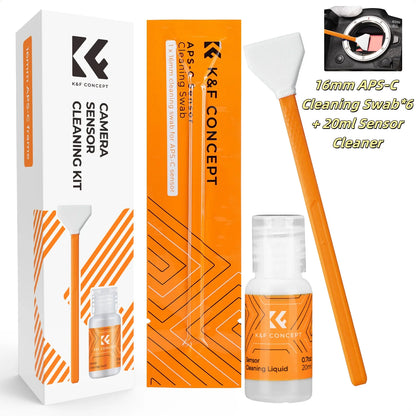 Kit de nettoyage K&F CONCEPT – tampon écouvillon de nettoyage pour capteur plein format 24mm/16mm APS-C *6 et kit de nettoyage liquide pour capteur 20ml