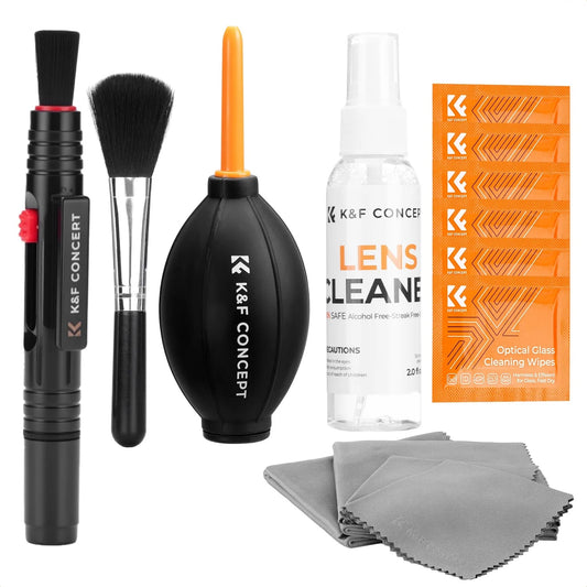 Kit de nettoyage d'objectif d'appareil photo K&F CONCEPT avec souffleur, lingettes, chiffon, liquide de nettoyage et stylo de nettoyage