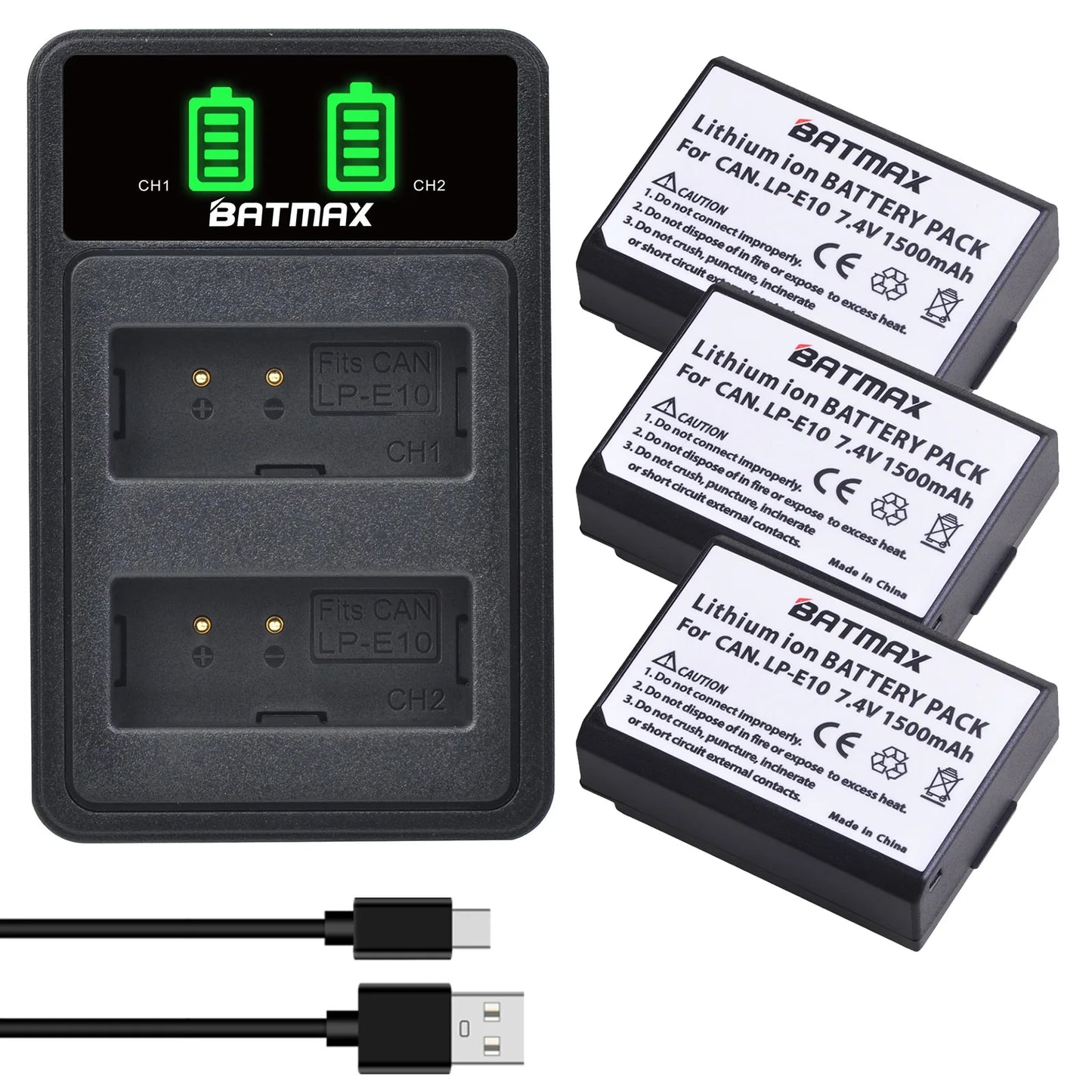 Batterie Batmax 1500mAh LP-E10 LPE10 + chargeur avec Port de Type C pour Canon EOS Rebel T3 T6 T7 T100 Kiss X50 X80 X90 1500D 3000D 4000D