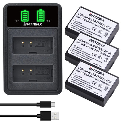 Batterie Batmax 1500mAh LP-E10 LPE10 + chargeur avec Port de Type C pour Canon EOS Rebel T3 T6 T7 T100 Kiss X50 X80 X90 1500D 3000D 4000D