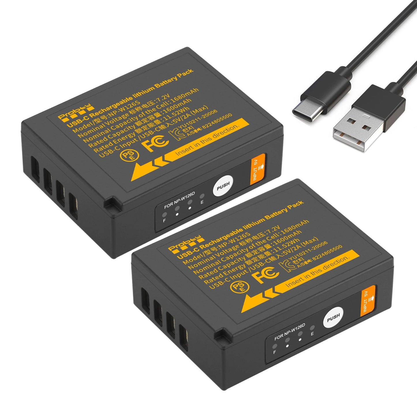 Batterie Probty NP-W126 NP-W126s charge usb-c pour Fuji X100VI X-T30 II X-S10 X-T200 X100F X100V X-A5 X-T50 X-Pro3 X-T3