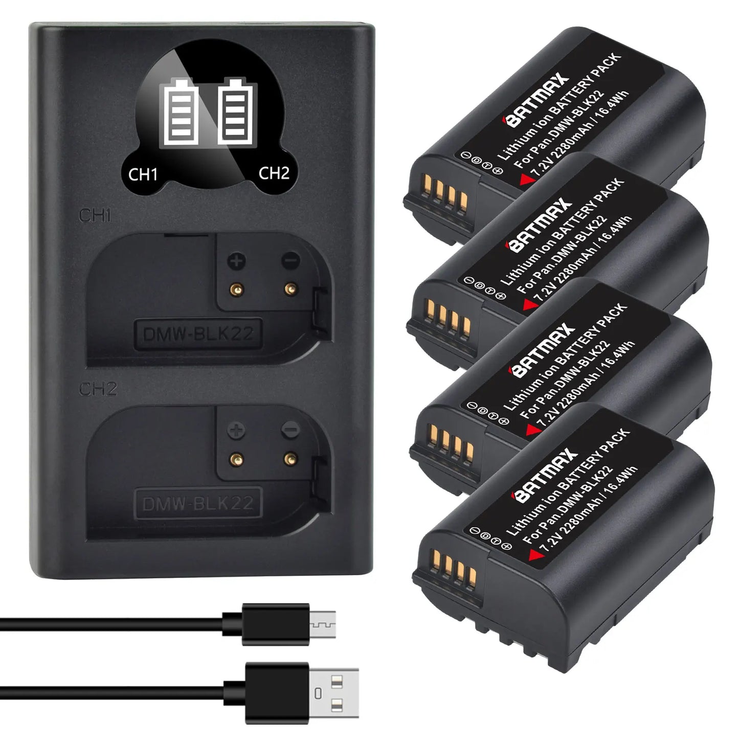 Batterie Batmax DMW-BLK22 BLK22 2280mAh + chargeur double pour Panasonic LUMIX DC-S5, DC-S5K, GH5 II, GH6, S5M2, S5M2X, GH5M2